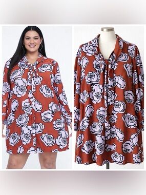 Who What Wear Plus 3X Floral Tie Neck Rust Shift Dress Long Sleeve Arabian Rose